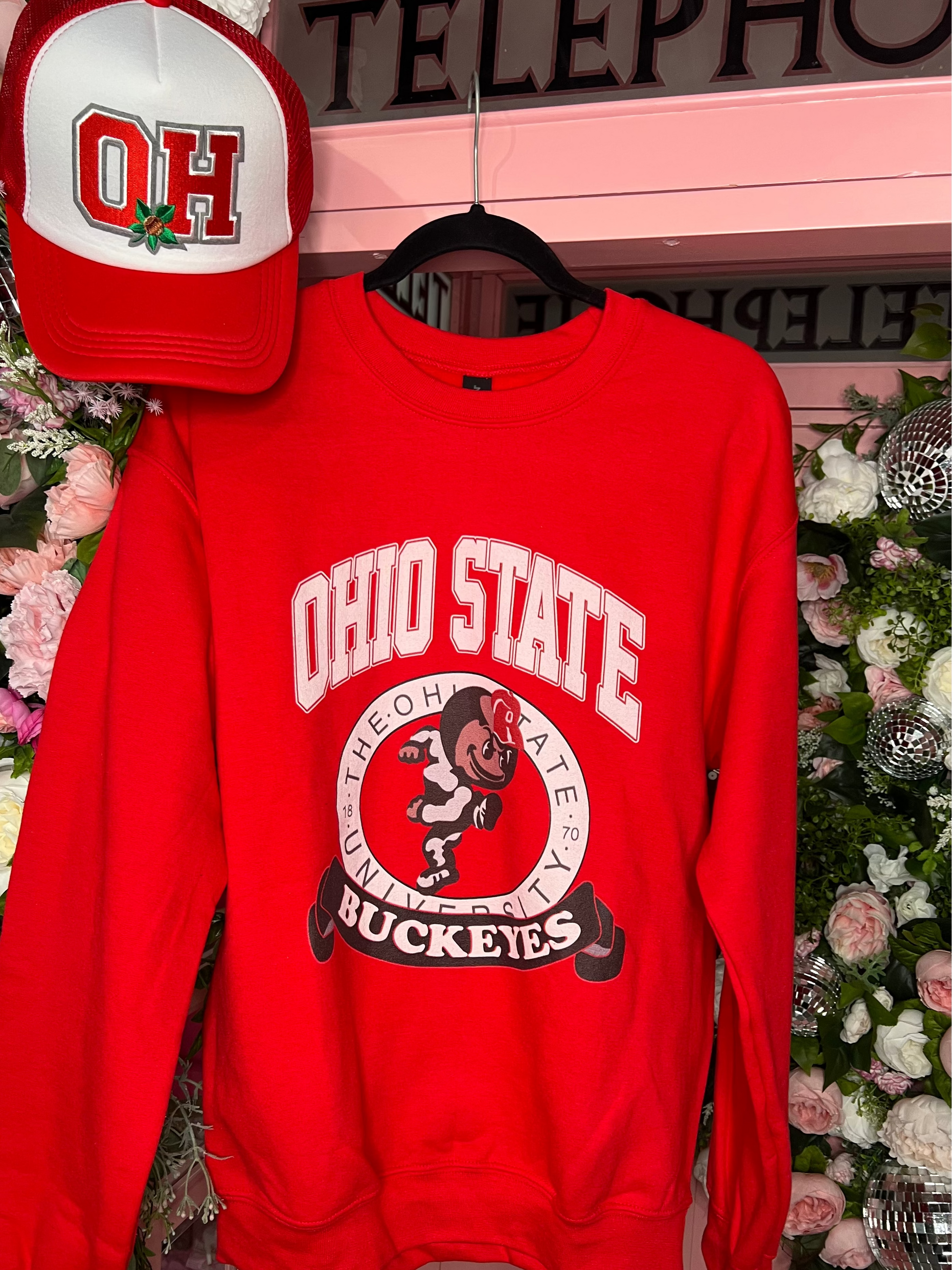 Vintage-inspired OSU sweatshirt in soft cotton — classic red and white collegiate design from Frost Impressions Boutique in Wapakoneta, Ohio.