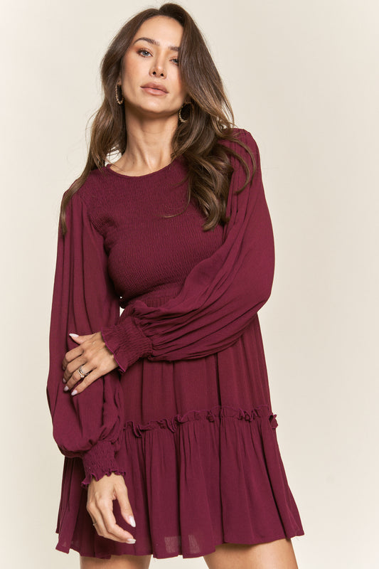 Wine Smocked Long Sleeve Dress (Plus)