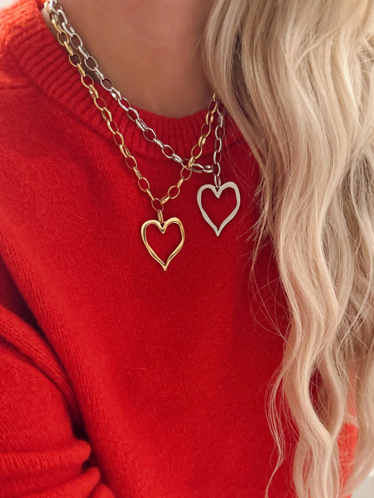 Large Open Heart Necklace (Silver) — silver stainless steel water-resistant necklace with open heart pendant, available at Frost Impressions Boutique in Wapakoneta, Ohio.