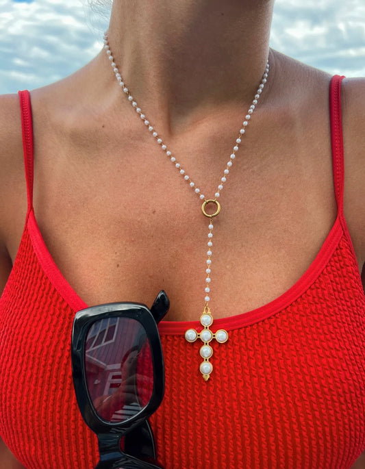 Lariat Pearl Cross Necklace — 18k gold plated stainless steel water-resistant necklace with pearl and cross pendant, available at Frost Impressions Boutique in Wapakoneta, Ohio.