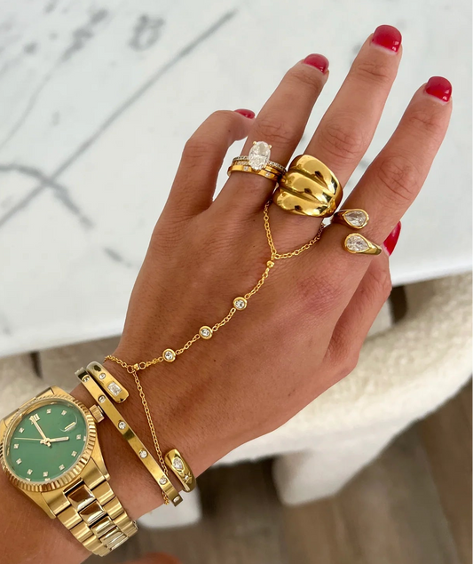 Luxe Hand Chain — 18k gold plated stainless steel water-resistant hand chain bracelet with ring attachment, available at Frost Impressions Boutique in Wapakoneta, Ohio.