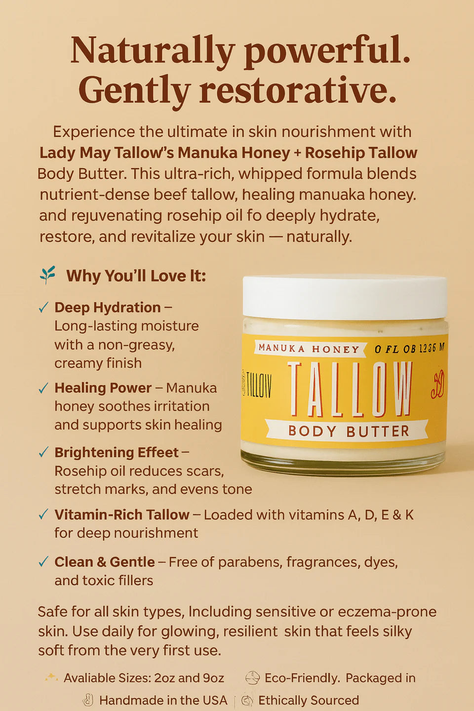 Manuka Honey + Rosehip Tallow Body Butter — deeply hydrating natural skincare made with grass-fed tallow, manuka honey, and rosehip oil, available at Frost Impressions Boutique in Wapakoneta, Ohio.