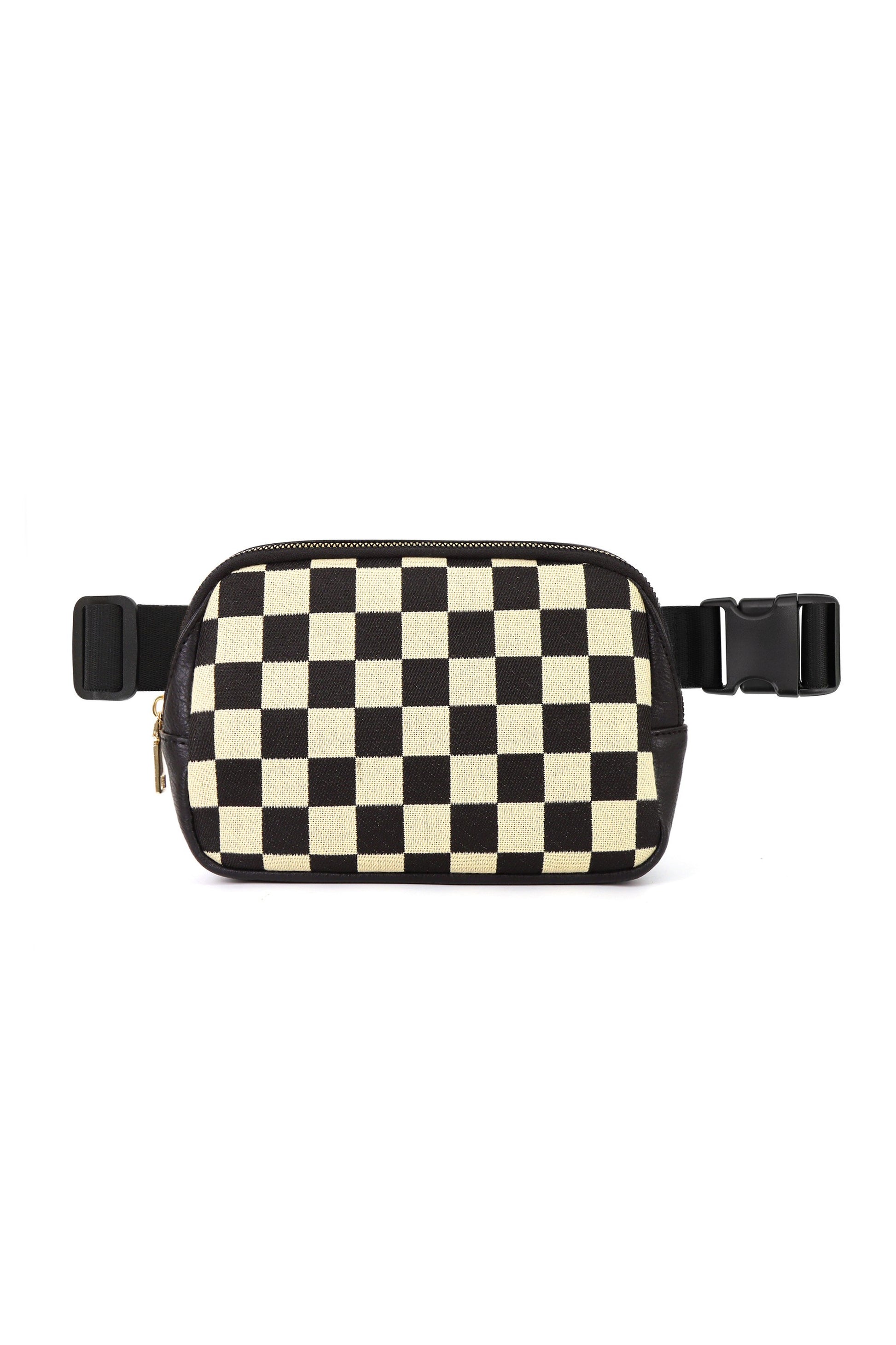 Mixed Media Check Sling (Black) — black vegan leather and checkered canvas sling crossbody bag with gold hardware, available at Frost Impressions Boutique in Wapakoneta, Ohio.