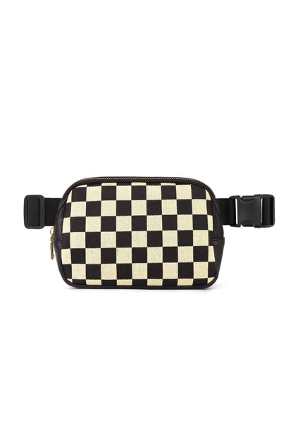 Mixed Media Check Sling (Black) — black vegan leather and checkered canvas sling crossbody bag with gold hardware, available at Frost Impressions Boutique in Wapakoneta, Ohio.