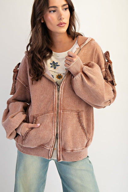 Mocha Maven Zip Up hoodie in mocha brown — mineral washed terry knit zip up with waffle contrast panels and tie sleeve details.