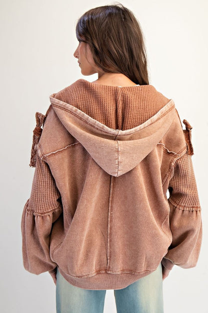 Mocha Maven Zip Up hoodie in mocha brown — mineral washed terry knit zip up with waffle contrast panels and tie sleeve details.