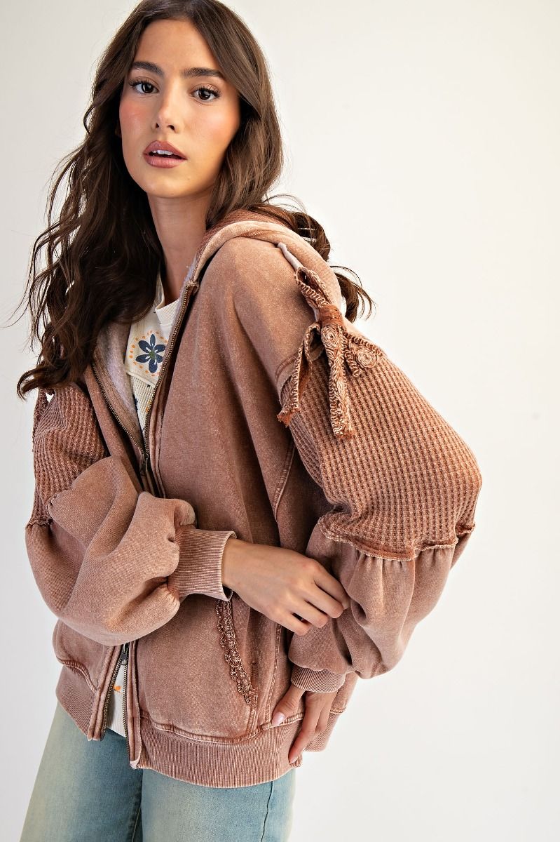 Mocha Maven Zip Up hoodie in mocha brown — mineral washed terry knit zip up with waffle contrast panels and tie sleeve details.