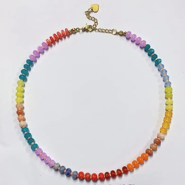 Mixed natural stone and glass beaded necklace with gold accents and adjustable lobster clasp
