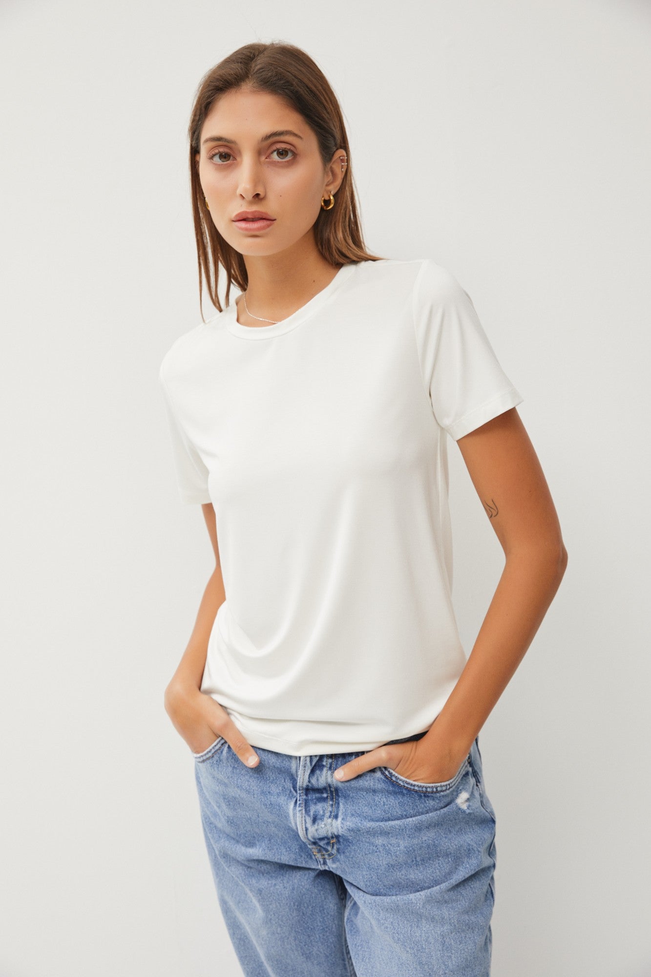 Off white round neck short sleeve bamboo modal t-shirt — Frost Favorite Basic Tee (Off White) from Frost Impressions Boutique.