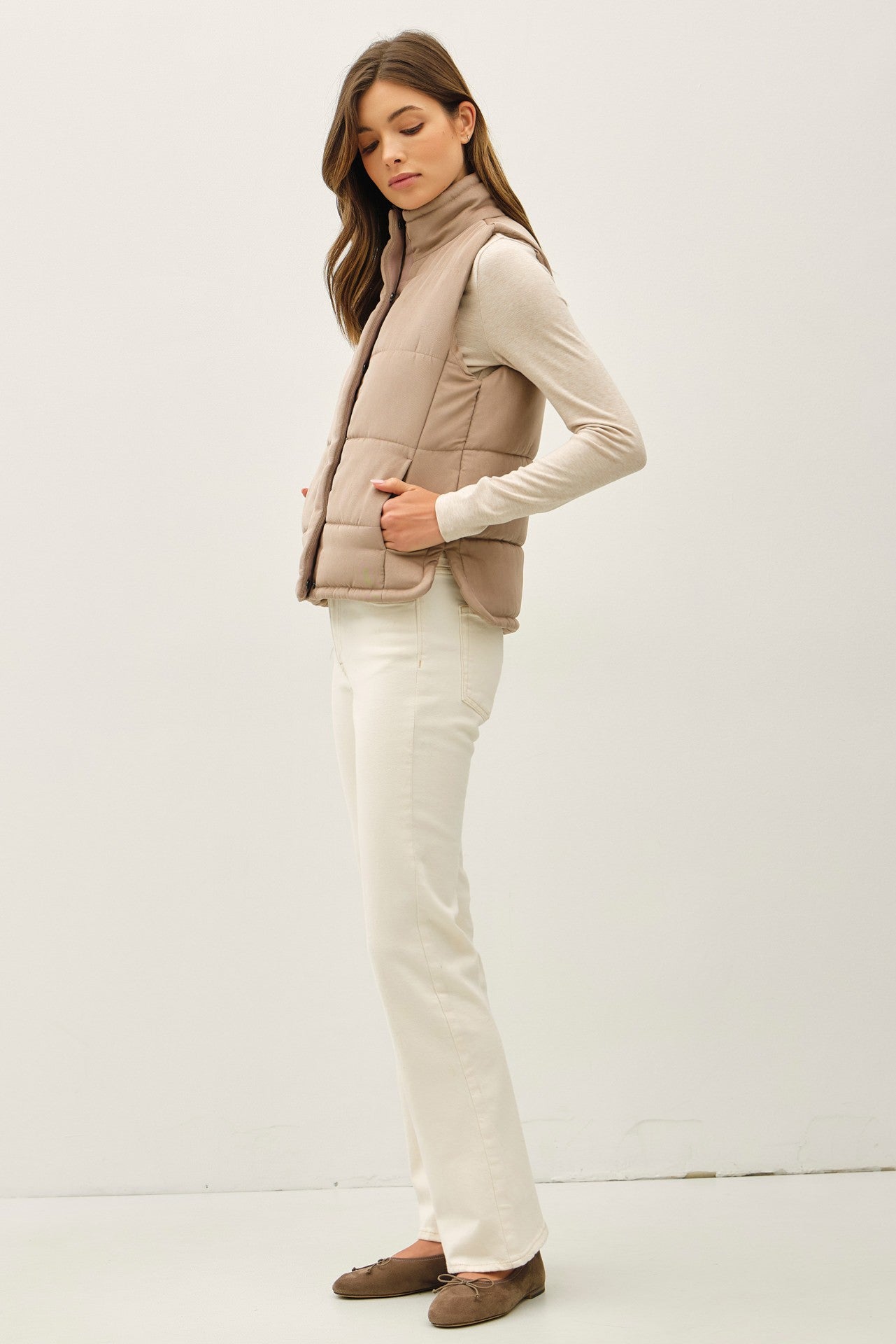 Mocha suede-like puffer vest with zipper front and snap buttons — Willow Suede Puffer Vest from Frost Impressions Boutique.