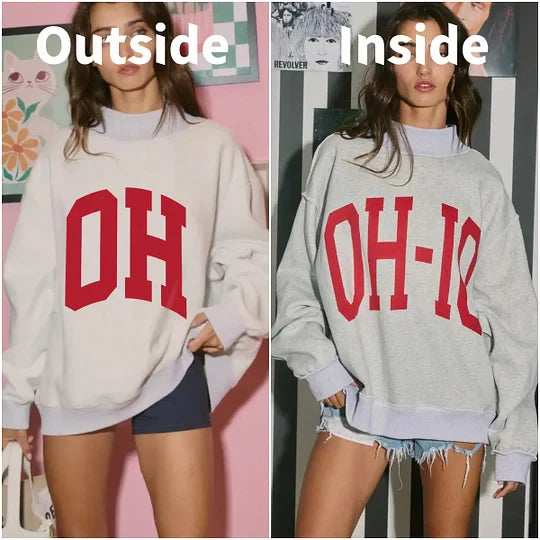 OHIO Reversible Mockneck Pullover — cozy oversized fleece sweatshirt with reversible “OH-IO” and “OH” prints, available at Frost Impressions Boutique in Wapakoneta, Ohio.