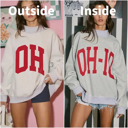 OHIO Reversible Mockneck Pullover — cozy oversized fleece sweatshirt with reversible “OH-IO” and “OH” prints, available at Frost Impressions Boutique in Wapakoneta, Ohio.