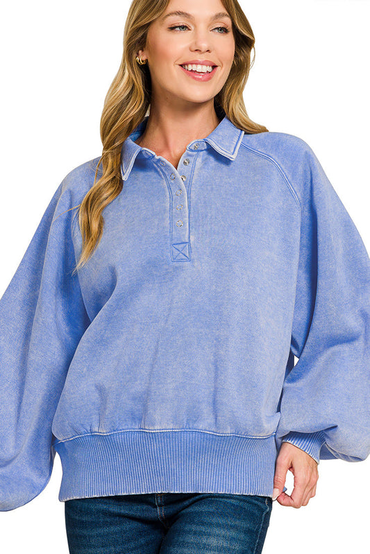 Cornflower blue acid wash fleece button-up collared pullover — Cornflower Crush Pullover from Frost Impressions Boutique.