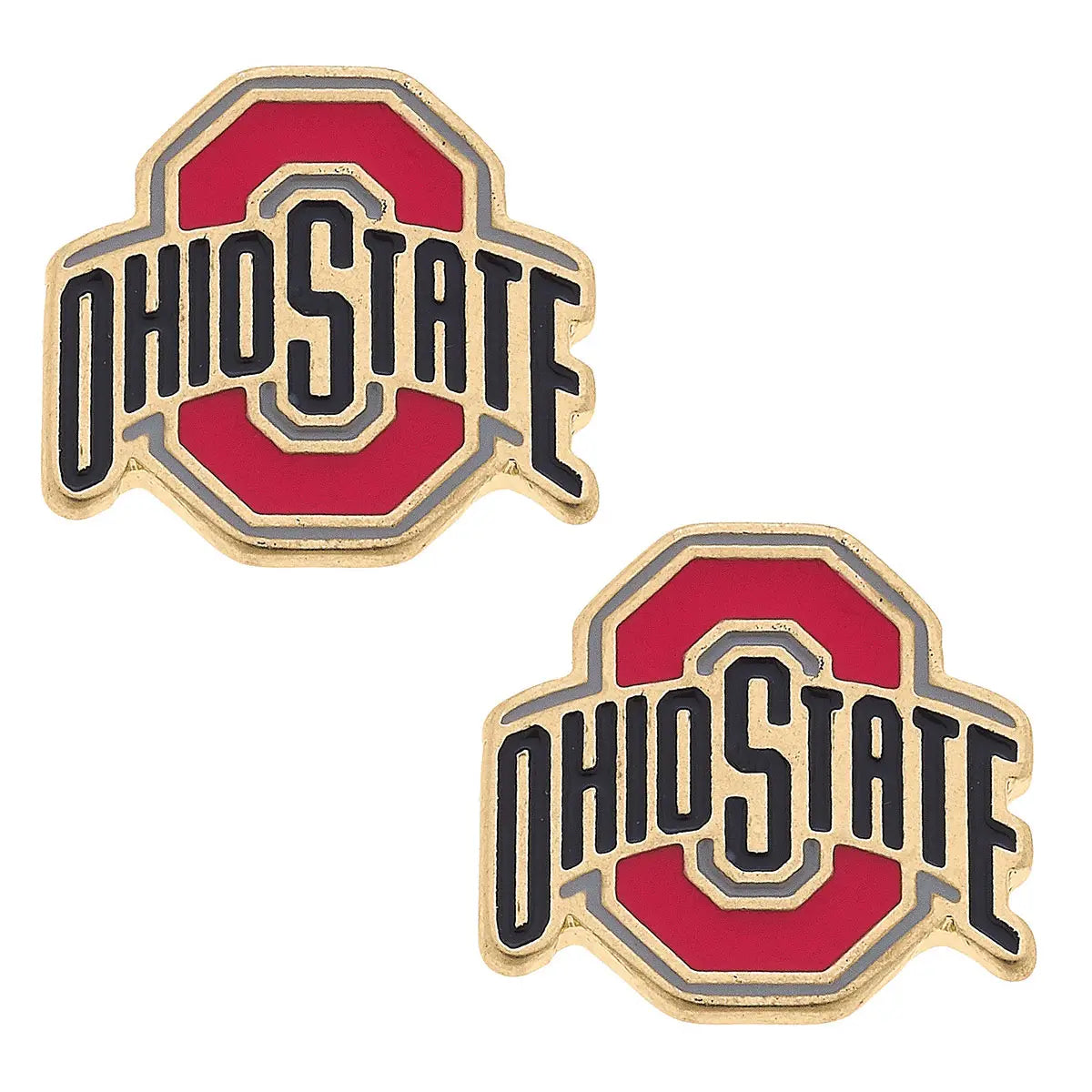 Buckeye Spirit Studs (Gold) — Ohio State Buckeyes red enamel logo stud earrings in shiny gold, available at Frost Impressions Boutique in Wapakoneta, Ohio.