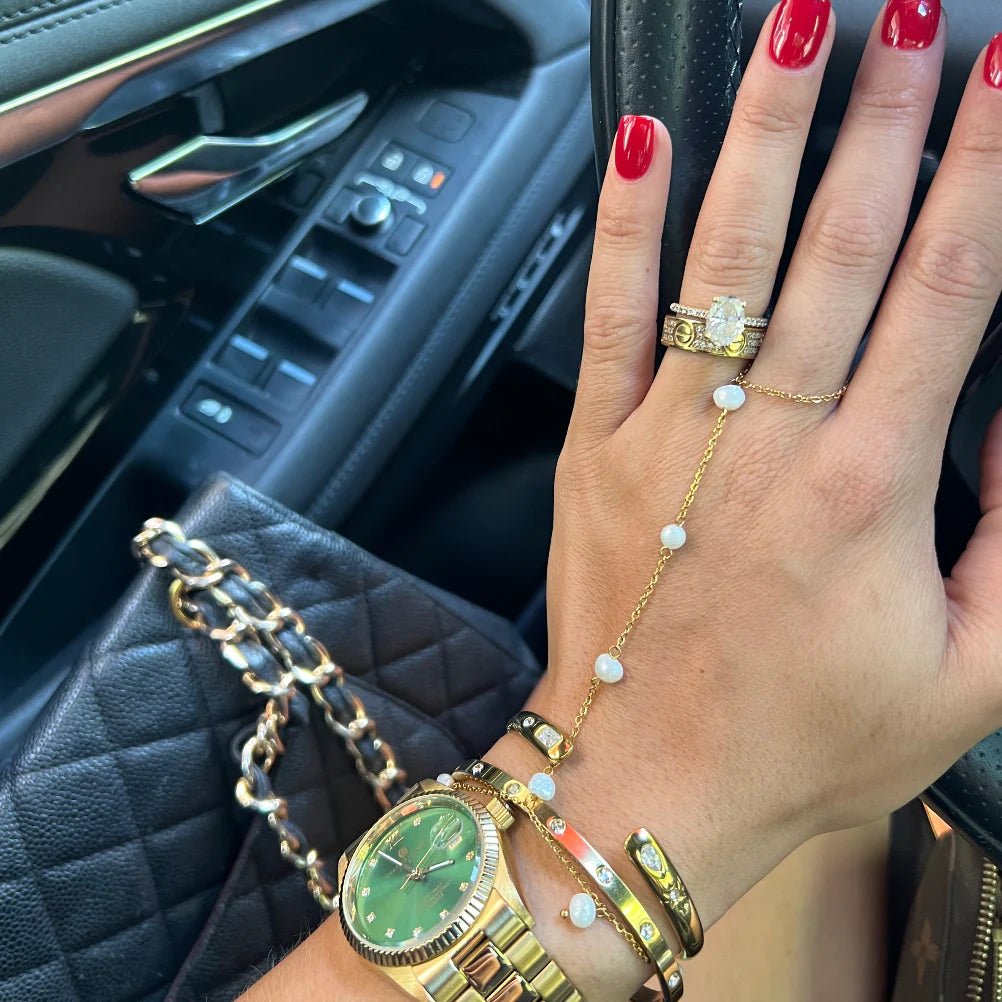 Pearl Hand Chain — 18k gold plated stainless steel hand bracelet with pearl accents, available at Frost Impressions Boutique in Wapakoneta, Ohio.