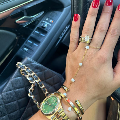 Pearl Hand Chain — 18k gold plated stainless steel hand bracelet with pearl accents, available at Frost Impressions Boutique in Wapakoneta, Ohio.