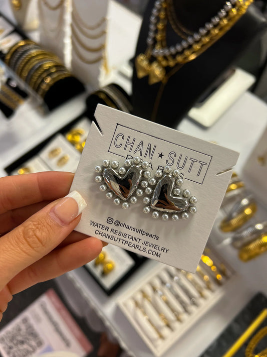Pearl Heart Earrings (Silver) — silver stainless steel water-resistant earrings with pearl heart detail, available at Frost Impressions Boutique in Wapakoneta, Ohio.