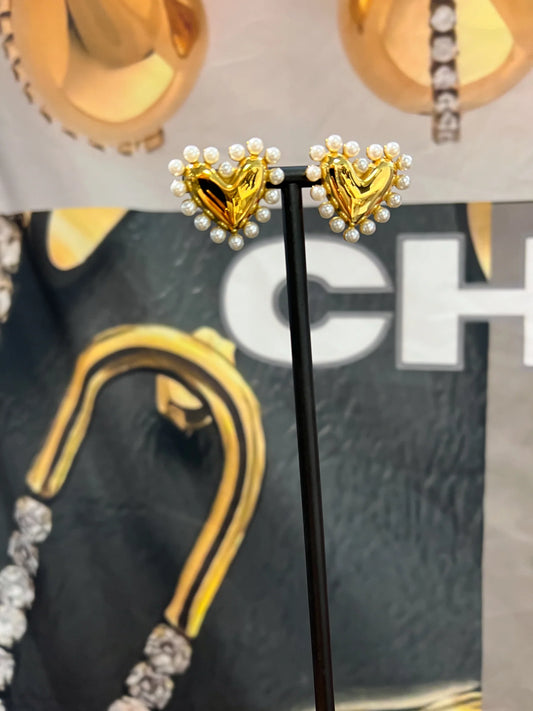 Pearl Heart Earrings (Gold) — 18k gold plated stainless steel water-resistant earrings with pearl heart detail, available at Frost Impressions Boutique in Wapakoneta, Ohio.