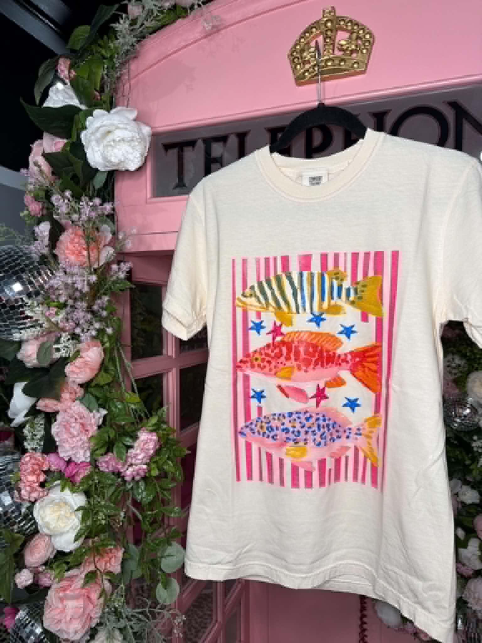 Comfort Colors ivory graphic tee with colorful preppy fish design and relaxed fit