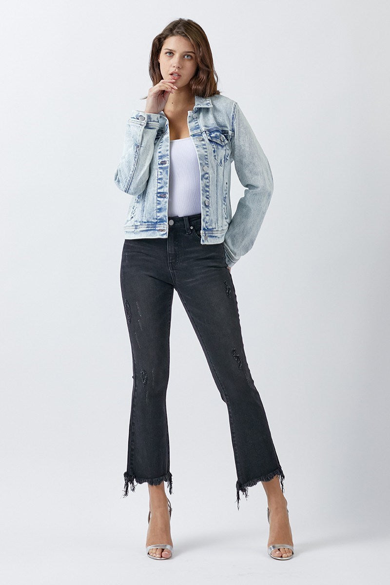 Vintage washed denim jacket with relaxed fit, classic button front, and subtle stretch fabric