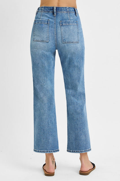 High rise ankle flare jeans with patch pockets, fitted through the thigh and flared leg in a classic denim wash