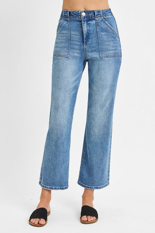 High rise ankle flare jeans with patch pockets, fitted through the thigh and flared leg in a classic denim wash