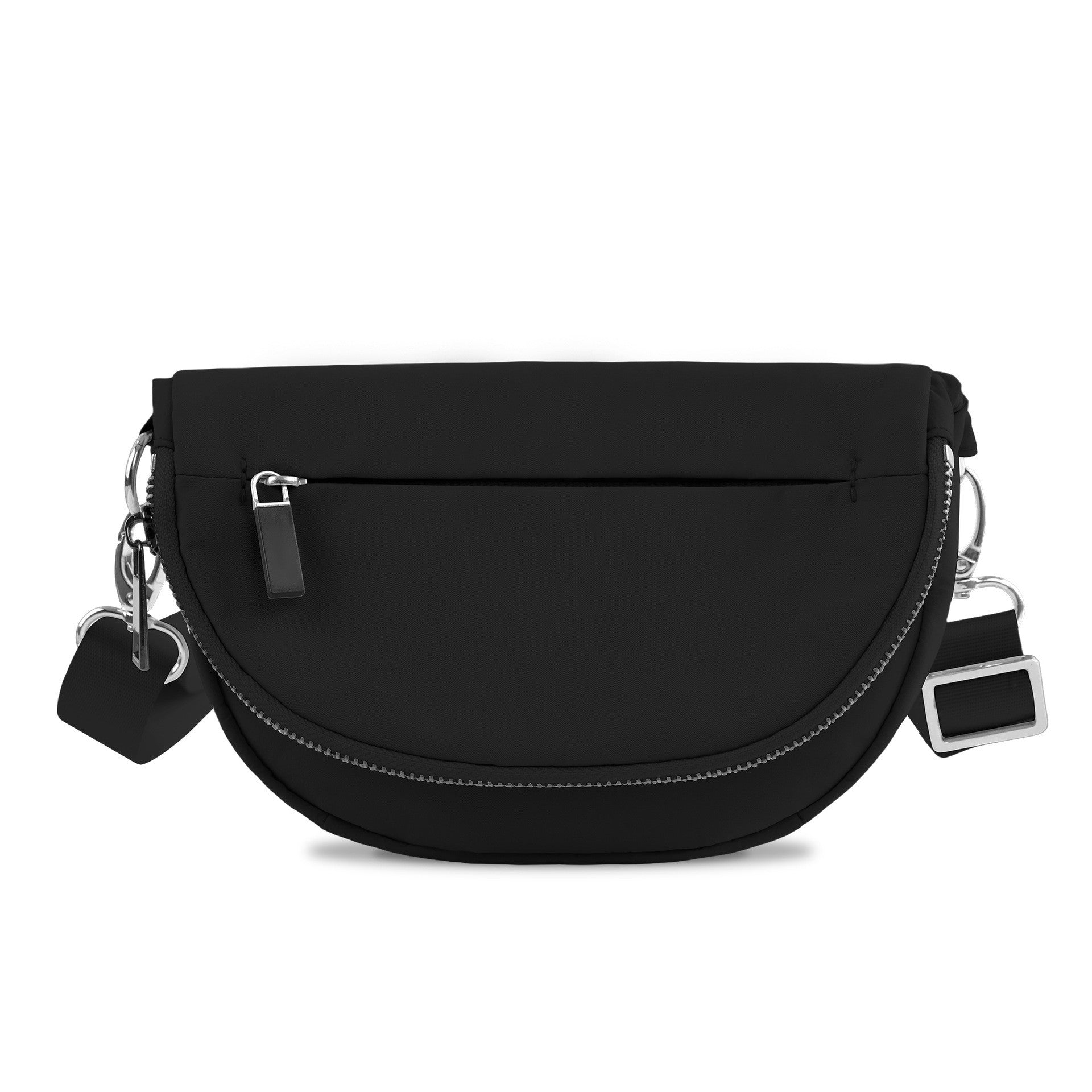 Riley All Around Foldover Crossbody (Black) — sleek black nylon crossbody bag with silver hardware, available at Frost Impressions Boutique in Wapakoneta, Ohio.