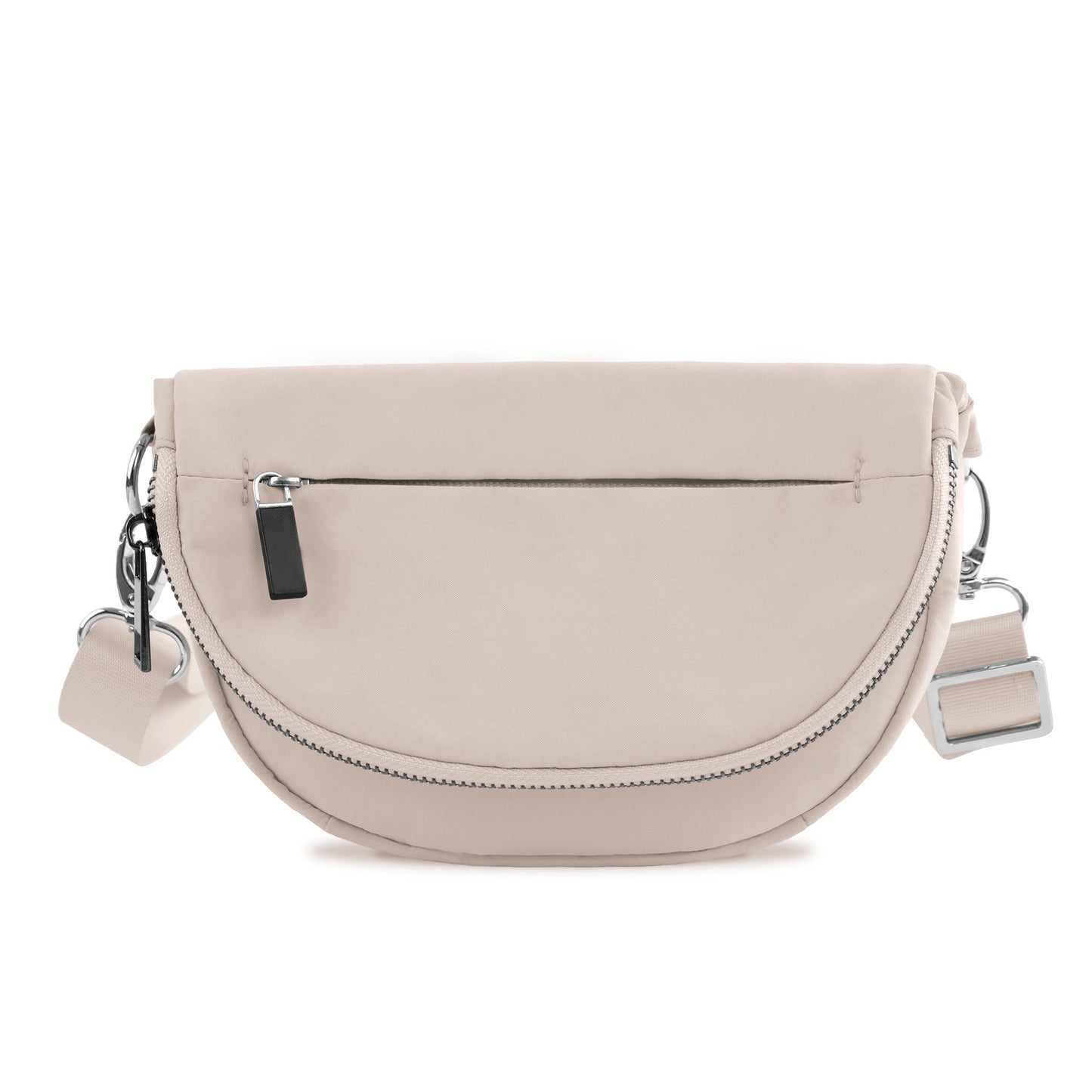 Riley All Around Foldover Crossbody (Almond) — tan nylon crossbody bag with foldover design, adjustable strap, and silver hardware, available at Frost Impressions Boutique in Wapakoneta, Ohio.