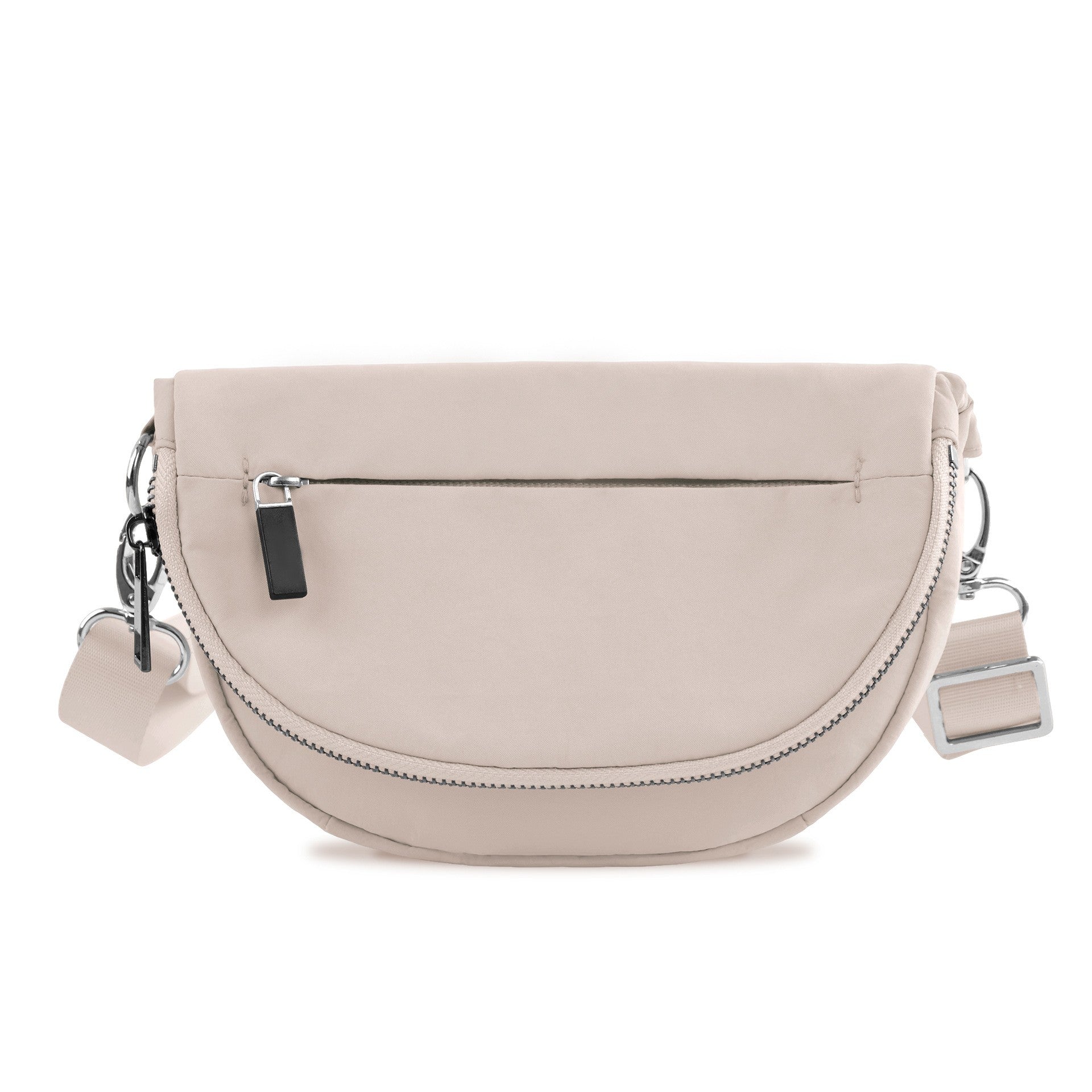 Riley All Around Foldover Crossbody (Almond) — tan nylon crossbody bag with foldover design, adjustable strap, and silver hardware, available at Frost Impressions Boutique in Wapakoneta, Ohio.