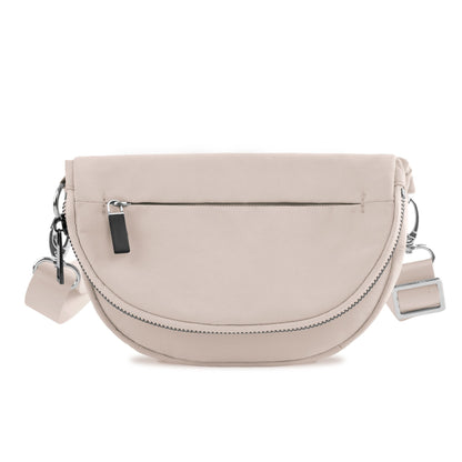 Riley All Around Foldover Crossbody (Almond) — tan nylon crossbody bag with foldover design, adjustable strap, and silver hardware, available at Frost Impressions Boutique in Wapakoneta, Ohio.