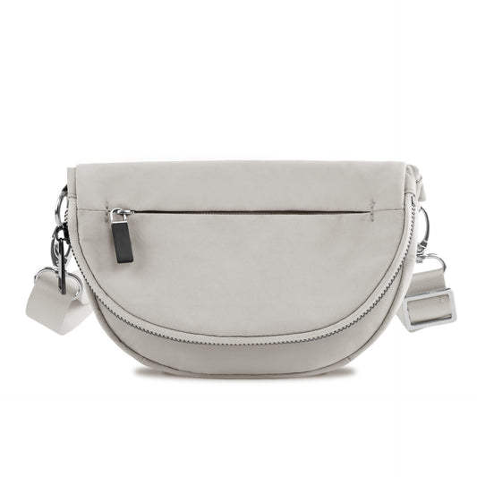 Riley All Around Foldover Crossbody (Gray) — gray nylon crossbody bag with foldover top, adjustable strap, and silver hardware, available at Frost Impressions Boutique in Wapakoneta, Ohio.