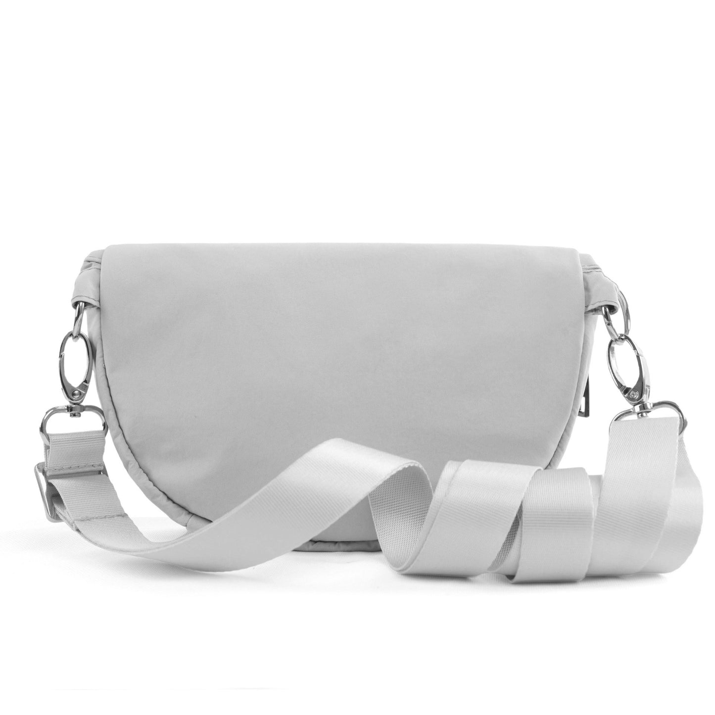 Riley All Around Foldover Crossbody (Gray) — gray nylon crossbody bag with foldover top, adjustable strap, and silver hardware, available at Frost Impressions Boutique in Wapakoneta, Ohio.