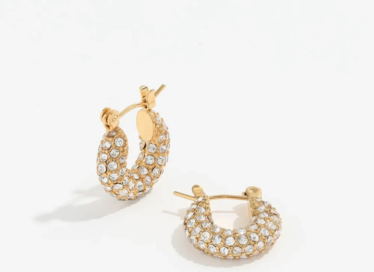 Small Gold Diamond Hoops (Gold) — 18k gold plated stainless steel water-resistant hoop earrings with diamond accents, available at Frost Impressions Boutique in Wapakoneta, Ohio.