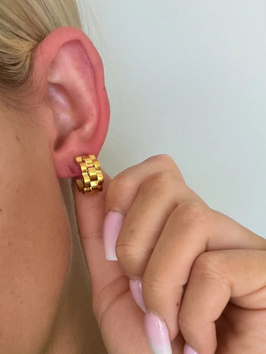Small Gold Rolly Hoops — 18k gold plated stainless steel water-resistant earrings, available at Frost Impressions Boutique in Wapakoneta, Ohio.