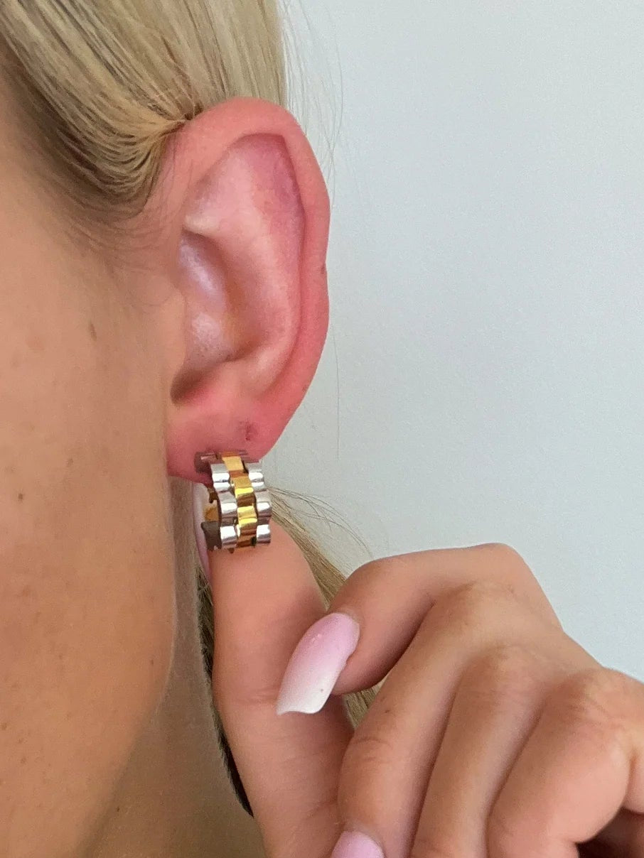 Small Two Toned Rolly Hoops — 18k gold plated stainless steel two-tone water-resistant earrings, available at Frost Impressions Boutique in Wapakoneta, Ohio.