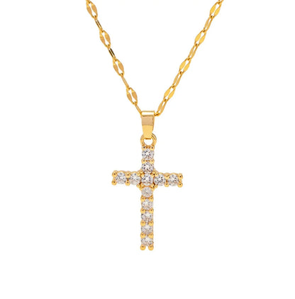 Sparkle Cross Necklace — 18k gold plated stainless steel 15–18 inch adjustable water-resistant cross pendant necklace, available at Frost Impressions Boutique in Wapakoneta, Ohio.