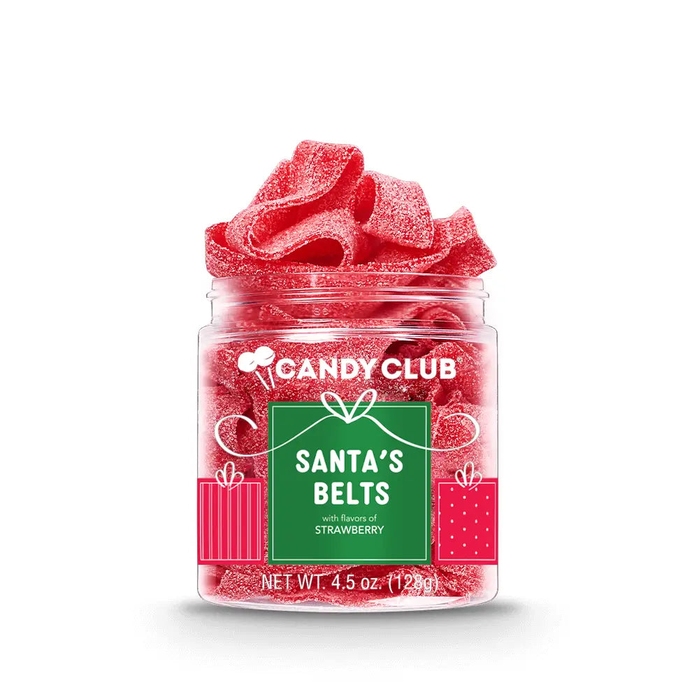 Avery’s Santa’s Belts from Candy Club — strawberry sour candy belts with sugar sanding, available at Sweet Impressions by Avery.