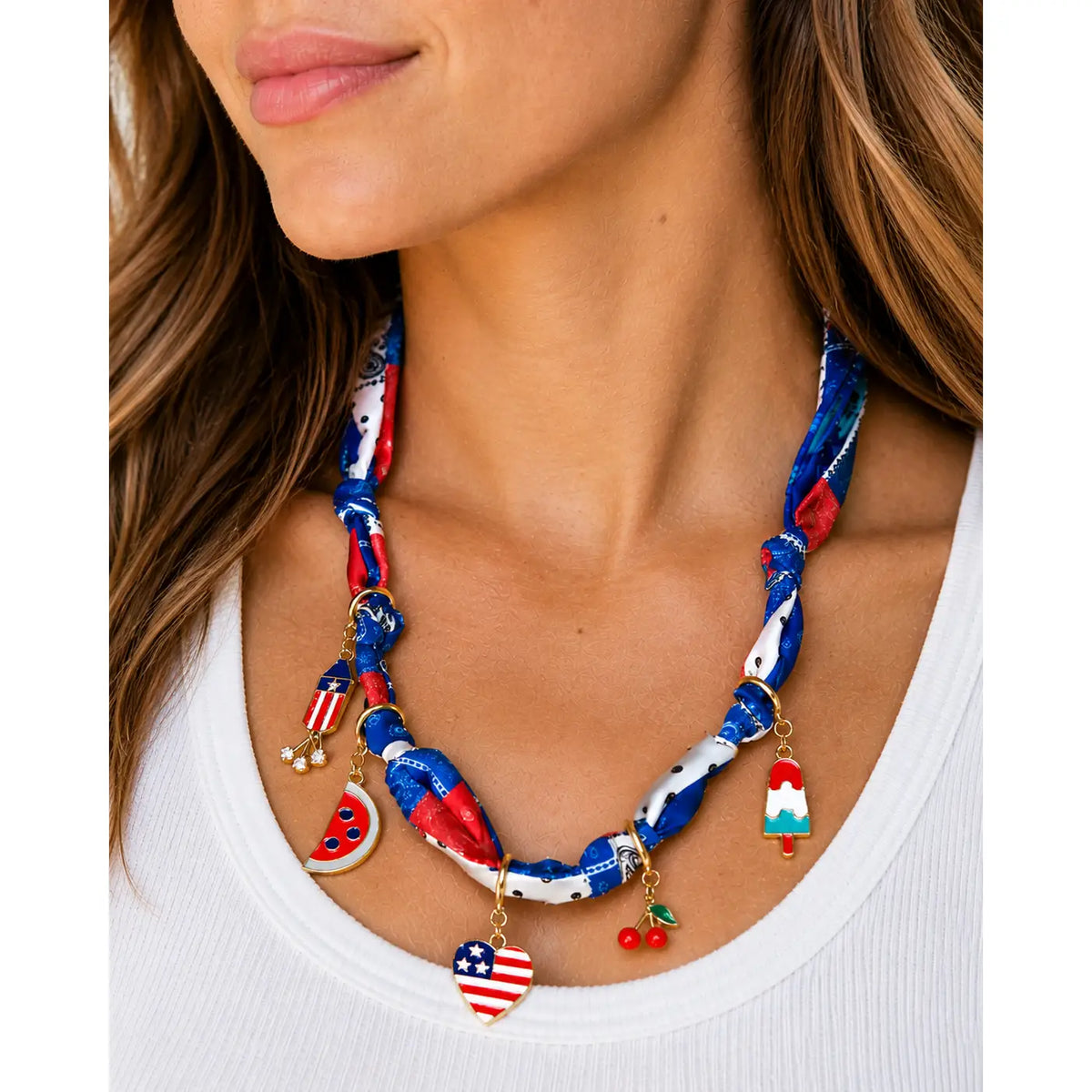 Red white and blue scarf necklace with patriotic enamel charms and adjustable chain