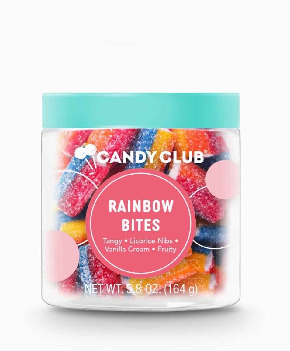 Avery’s Rainbow Bites from Candy Club — rainbow-striped chewy candy with a sweet vanilla cream center, available at Sweet Impressions by Avery.