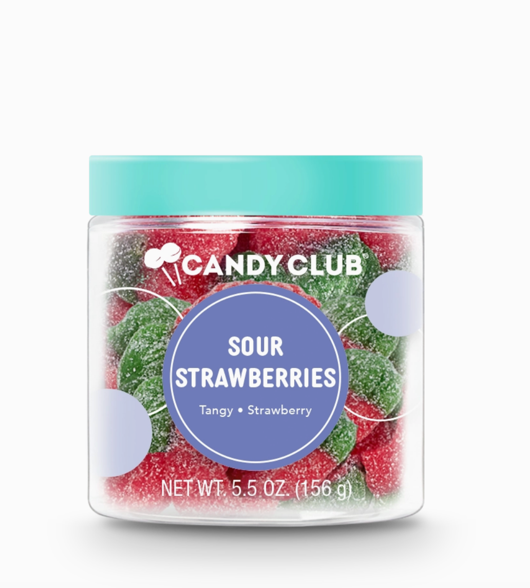 Avery’s Sour Strawberries from Candy Club — strawberry-shaped gummies dusted with sour sugar, available at Sweet Impressions by Avery.
