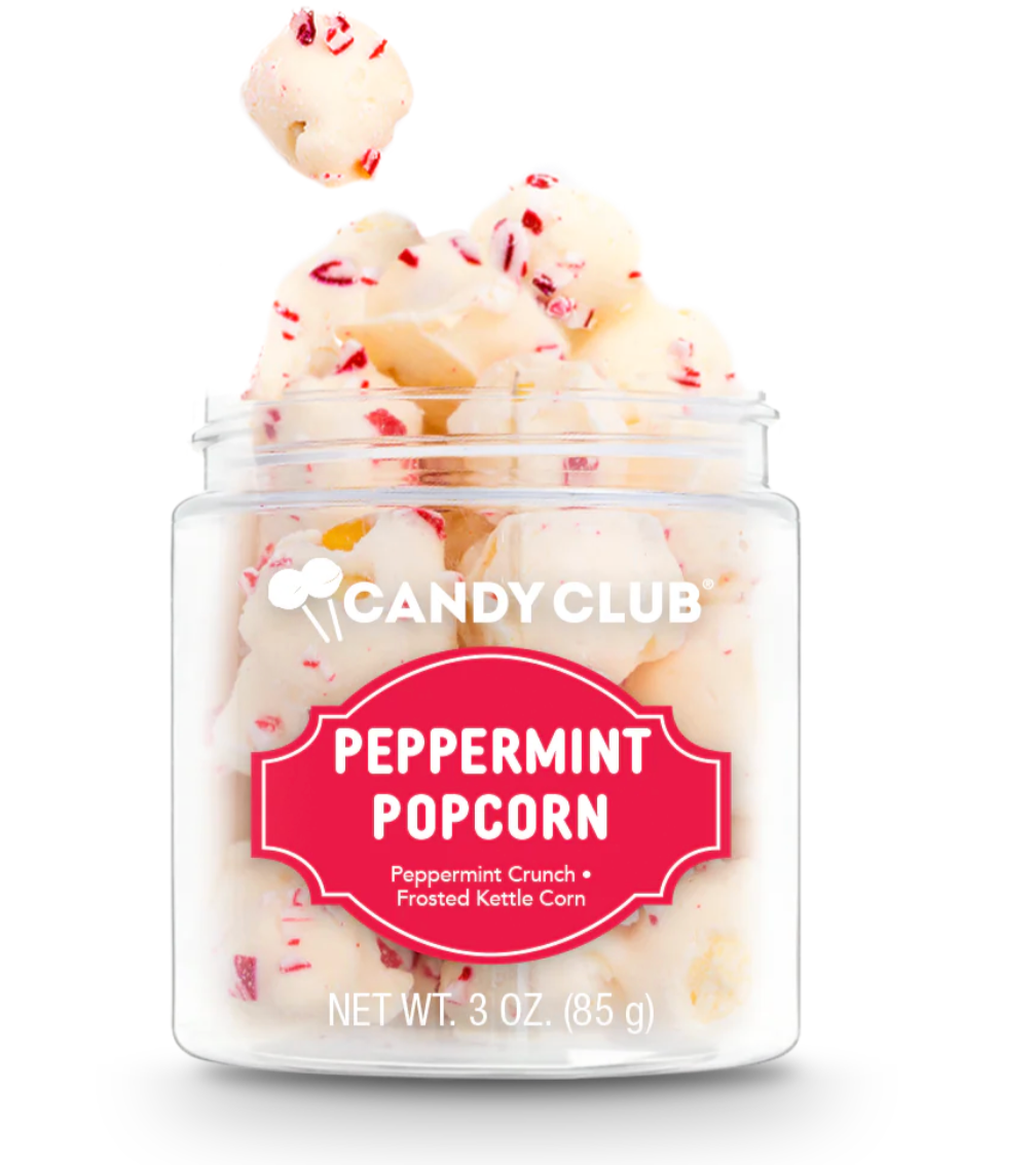 Avery’s Peppermint Popcorn from Candy Club — frosted kettle corn topped with crunchy candy cane pieces, available at Sweet Impressions by Avery.