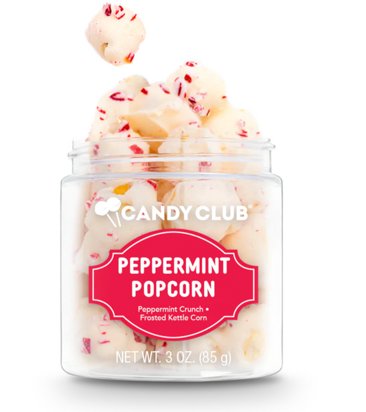 Avery’s Peppermint Popcorn from Candy Club — frosted kettle corn topped with crunchy candy cane pieces, available at Sweet Impressions by Avery.
