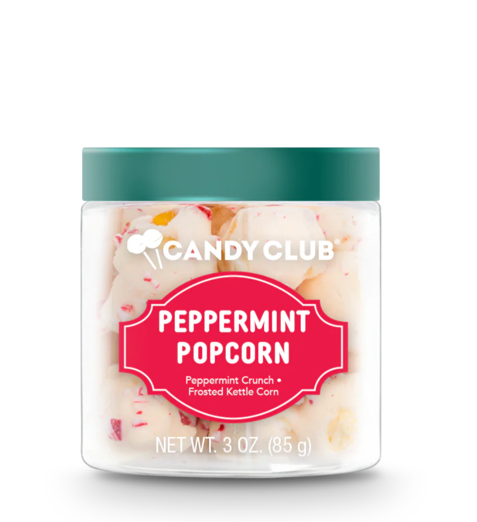 Avery’s Peppermint Popcorn from Candy Club — frosted kettle corn topped with crunchy candy cane pieces, available at Sweet Impressions by Avery.