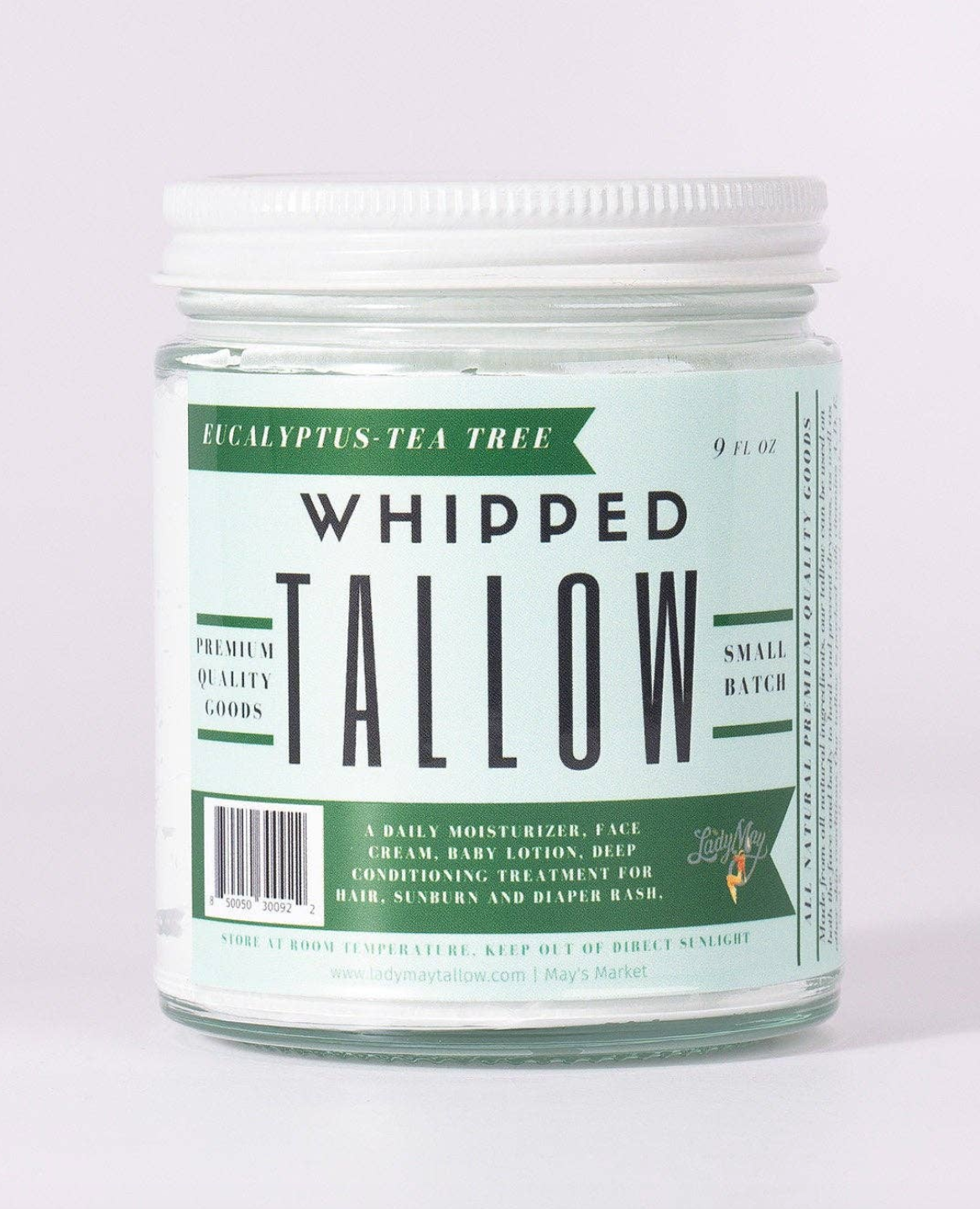 Eucalyptus Tea Tree Whipped Tallow — 9oz jar of whipped grass-fed tallow moisturizer infused with eucalyptus and tea tree oils, available at Frost Impressions Boutique in Wapakoneta, Ohio.
