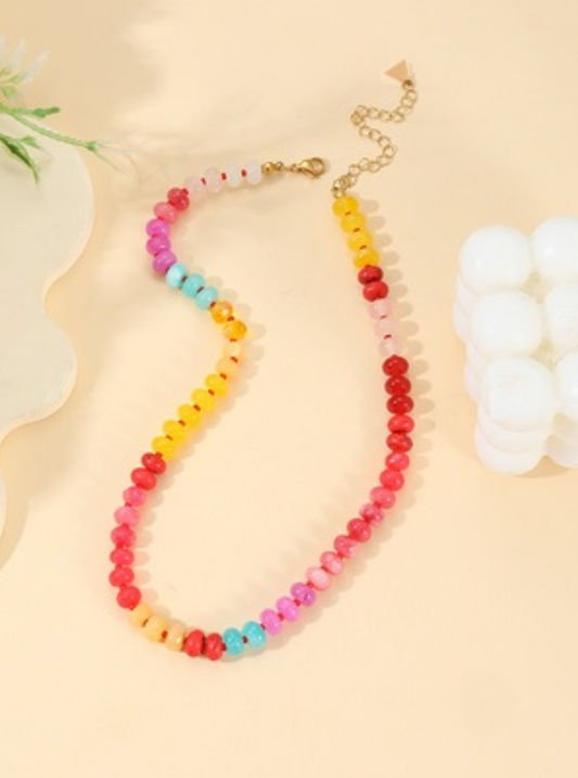 Colorful gemstone bead necklace in assorted mixes including blue, pastel, and bright multicolor styles
