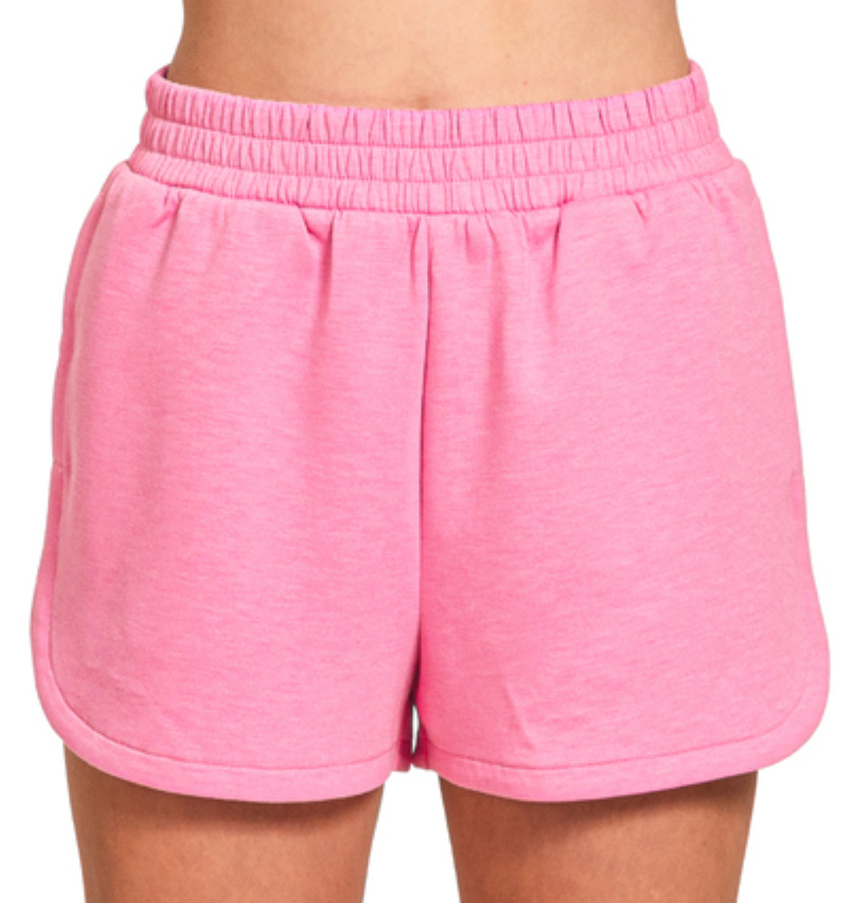 Scuba fabric dolphin shorts with elastic waistband in black, blue grey, pink, and blue tones