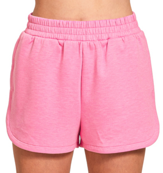 Scuba fabric dolphin shorts with elastic waistband in black, blue grey, pink, and blue tones