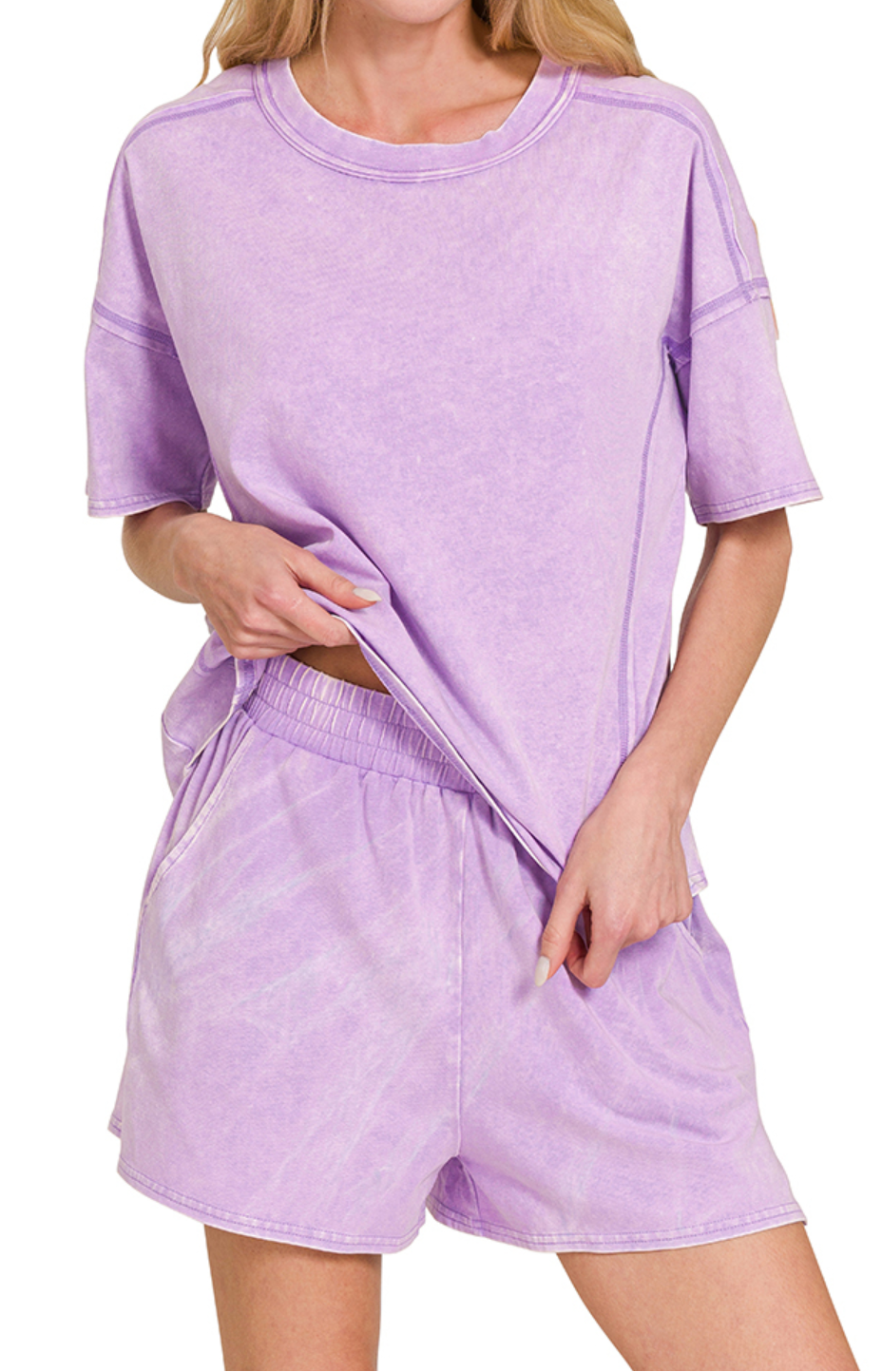 Acid wash lounge set with short sleeve tee and elastic waistband shorts in pink, mango, and violet color mixes