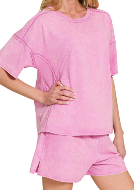 Acid wash lounge set with short sleeve tee and elastic waistband shorts in pink, mango, and violet color mixes