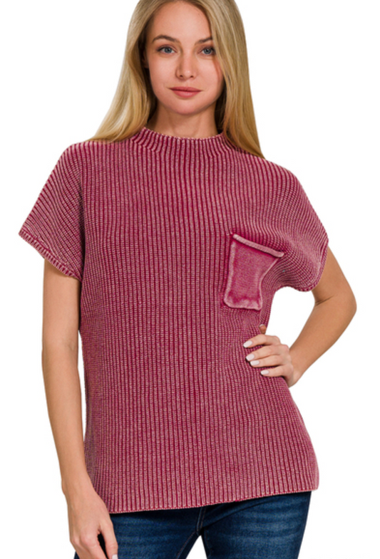 Mock Neck Sweater Top (Washed Cabernet)